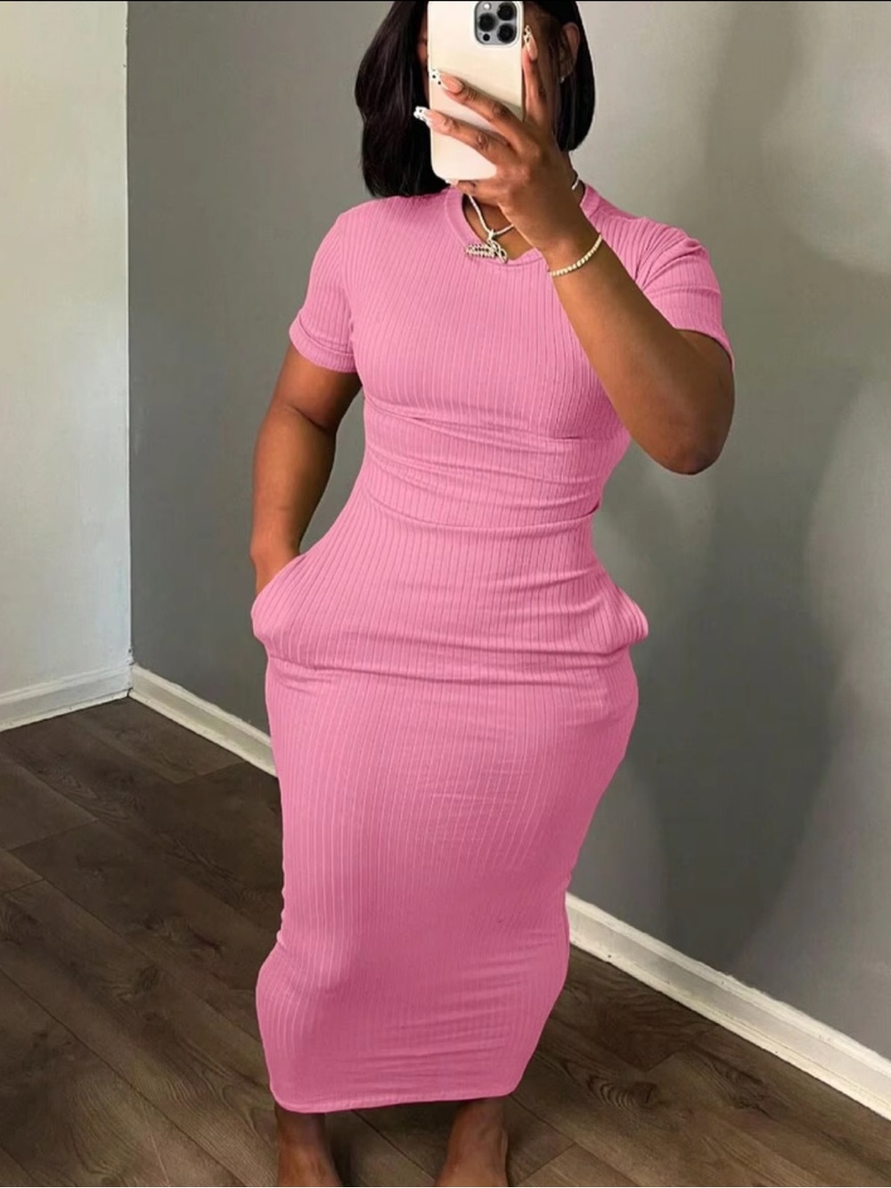 shein // pink ribbed midi dress